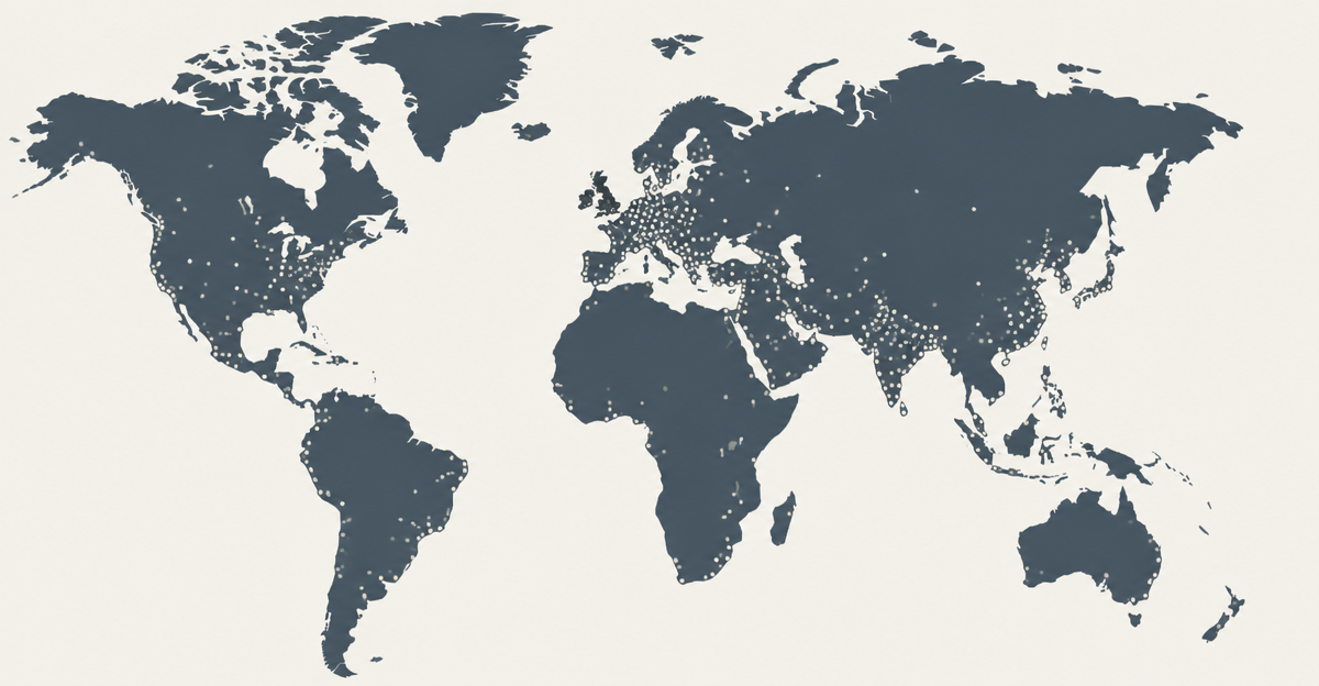 World map with more than 300 city nodes